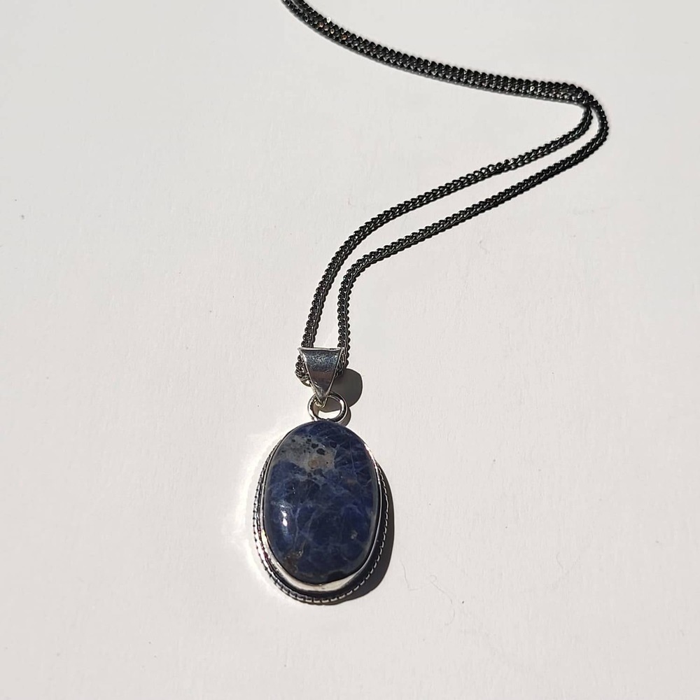 Vintage 925 Sterling Silver Lapis Lazuli Pendant Necklace Blue Oval Gemstone